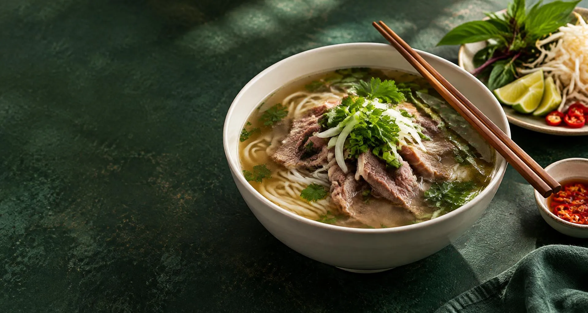A comforting bowl of Vietnamese beef pho with fresh herbs and lime