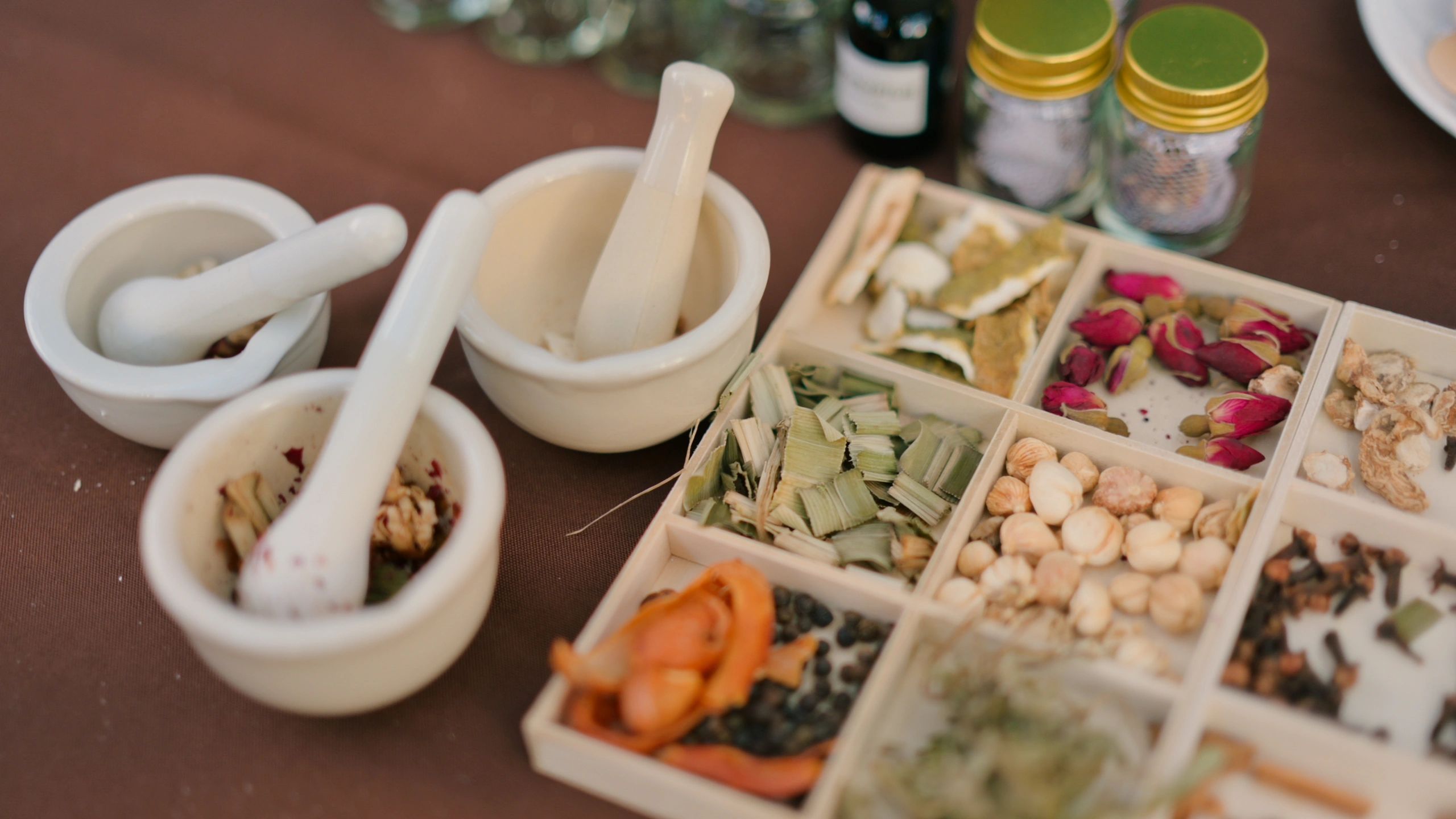 Fresh herbs and spices arranged for cooking